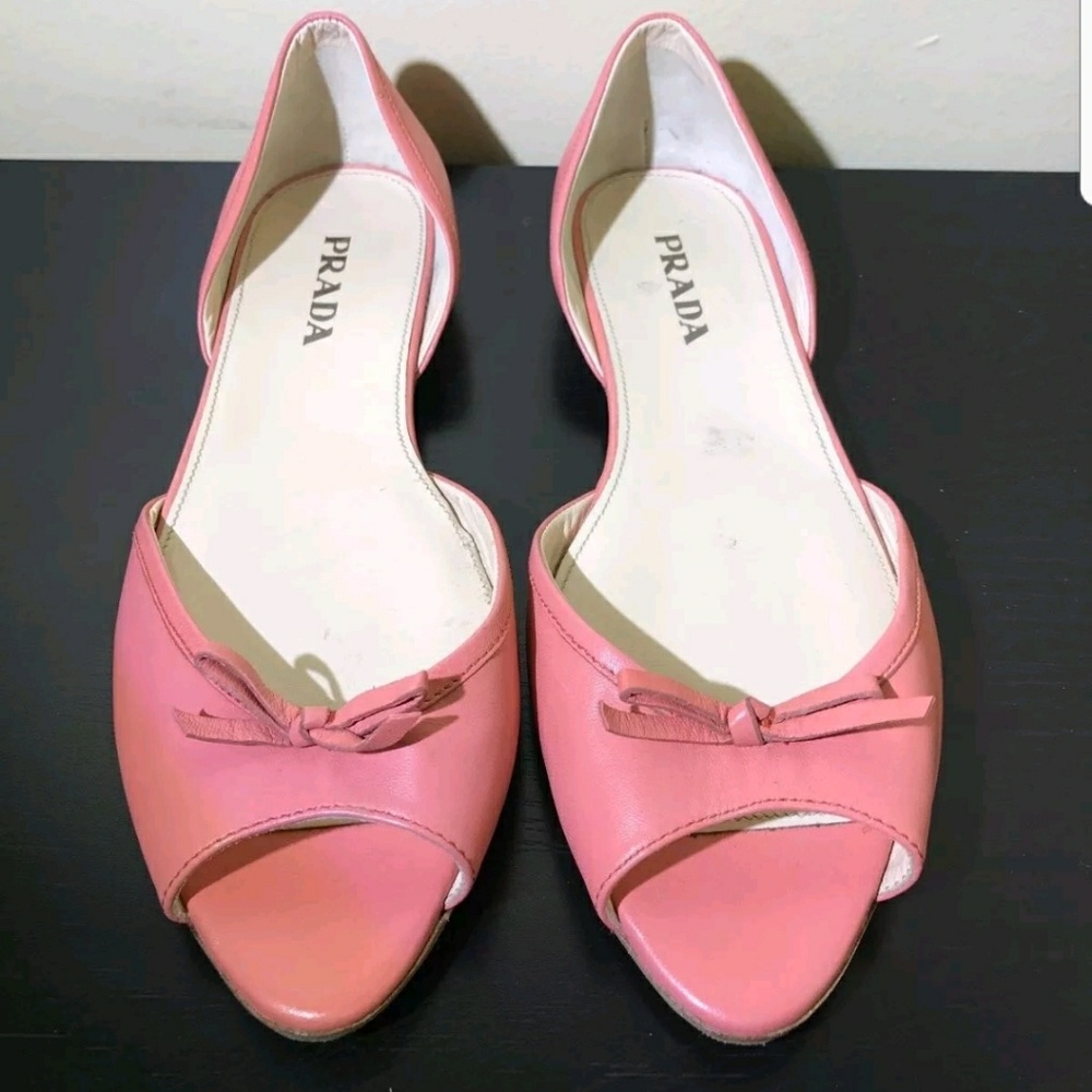 PRADA Pink Leather Open Peep Toe Bows Ballet Flats